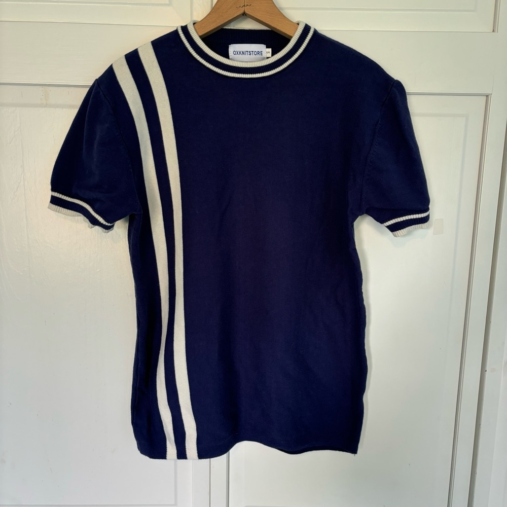 OXKNITTSTORE Navy Blue Knit Strip Retro Vintage Style Schoolboy Shirt S